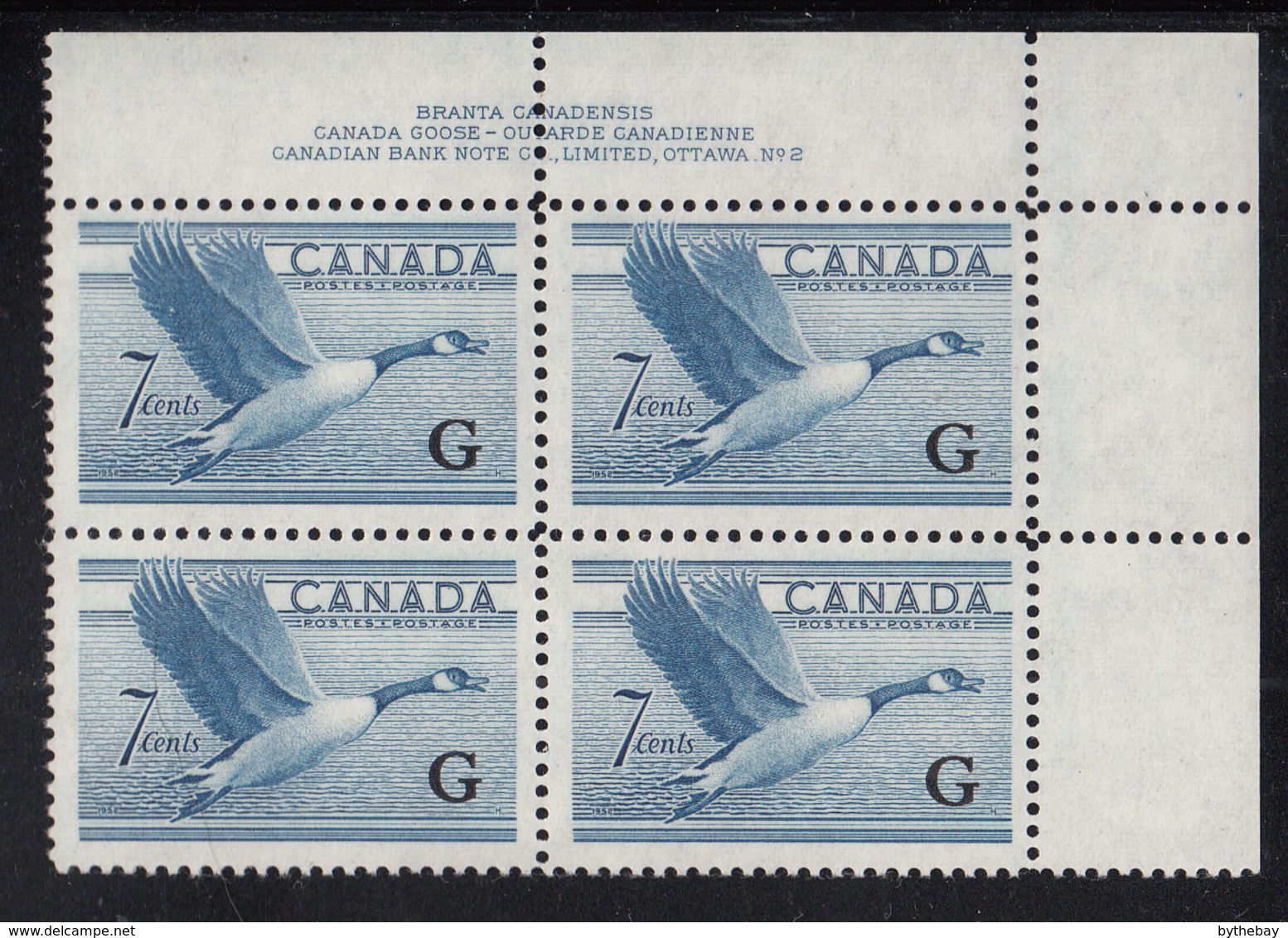 Canada 1951 MNH Sc O31 7c Canada Goose G Overprint Plate 2 Upper Right Plate Block - Plaatnummers & Bladboorden