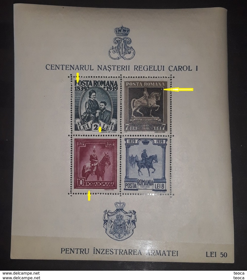 Romania 1939, King CHARLES I, Sheet, Without Line,spot  Olor, Lines At Word "posta', Nnh - Variétés Et Curiosités