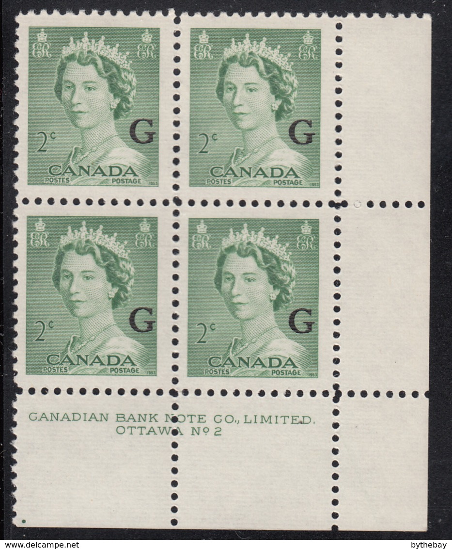 Canada 1951 MNH Sc O34 2c QEII Karsh G Overprint Plate 2 Lower Right Plate Block - Num. Planches & Inscriptions Marge