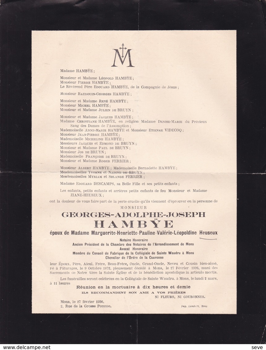 PATURAGES MONS Georges HAMBYE époux HEUSEUX Notaire 1872-1926 Fabrique D'église Sainte Waudru - Décès