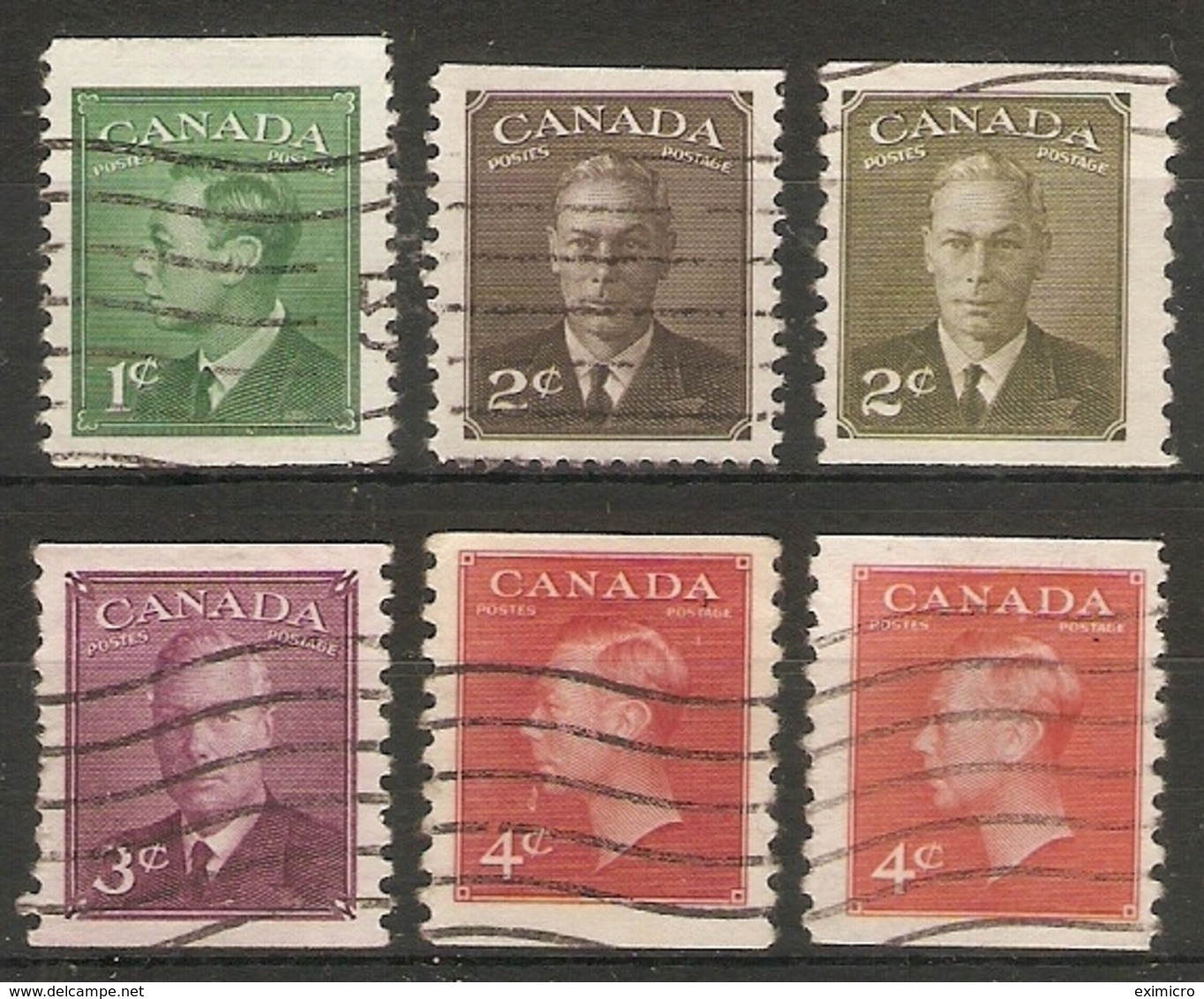 CANADA 1950 - 1951 SET OF 6 COIL STAMPS SG 419/422a IMPERF X PERF 9½ FINE USED Cat £30 - Used Stamps