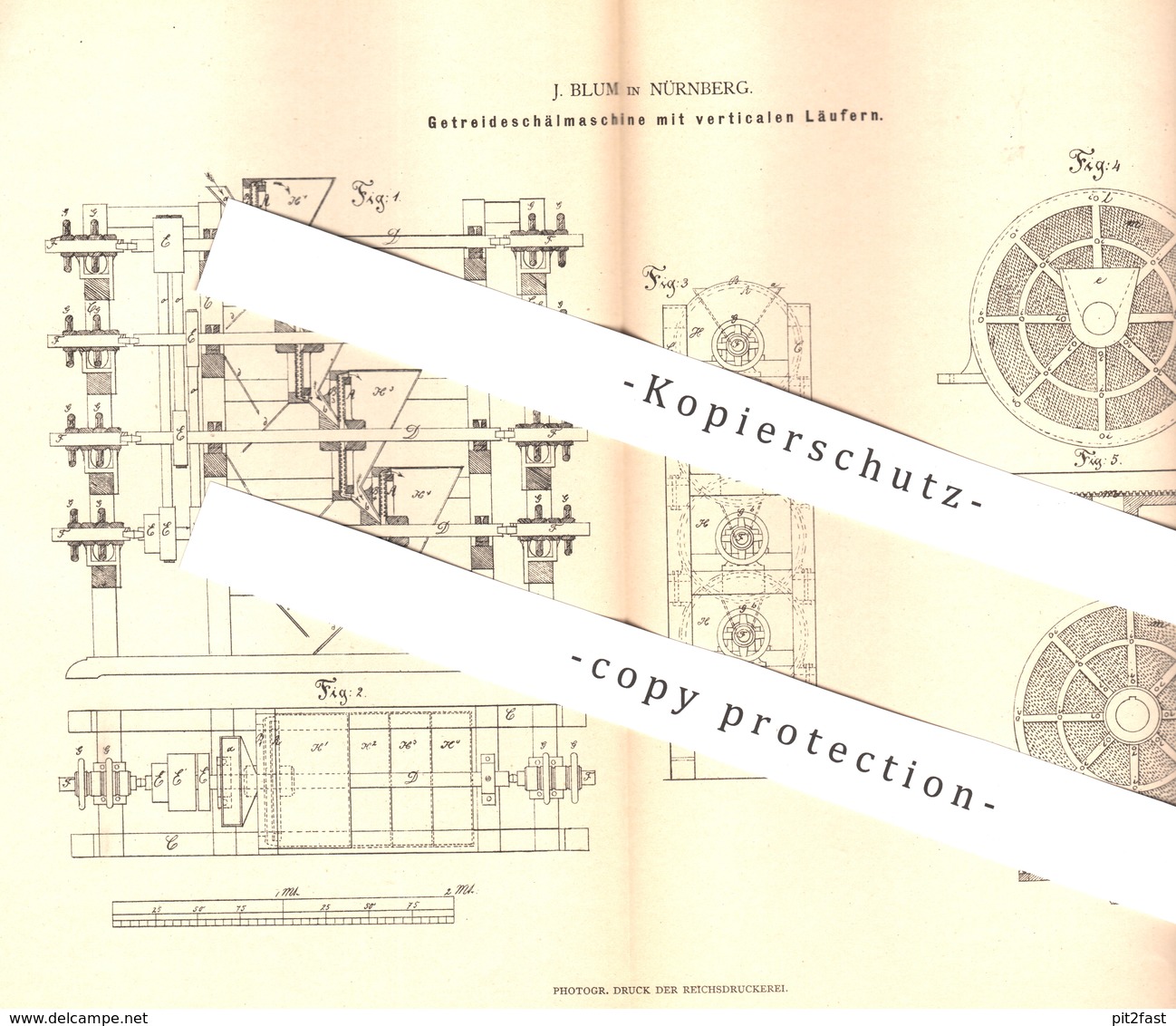 Original Patent - J. Blum , Nürnberg , 1880 , Getreideschälmaschine | Getreide Schälmaschine | Mühle , Mühlen | Landwirt - Documentos Históricos