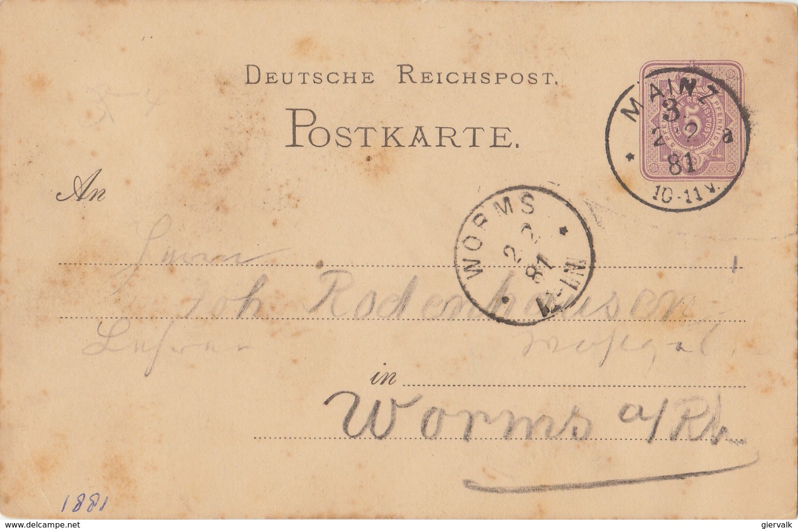 GERMANY 1881 Postcard With Cancellation MAINZ / WORMS.BARGAIN.!! - Brieven En Documenten