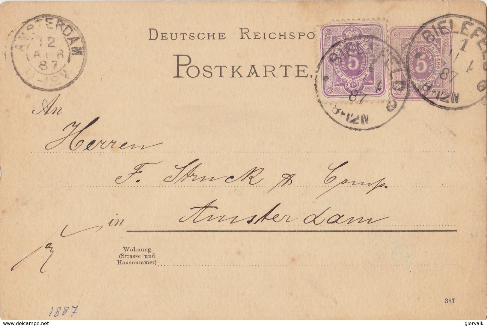 GERMANY 1887 Postcard With Cancellation BIELEFELD / AMSTERDAM.BARGAIN.!! - Brieven En Documenten