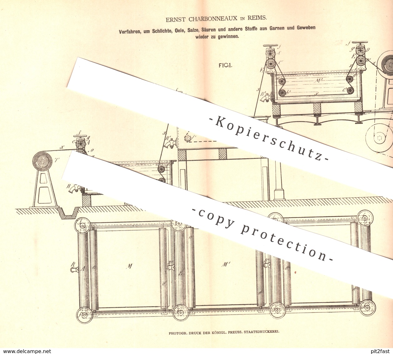 Original Patent - Ernst Charbonneaux , Reims , 1878 , Wiedergewinnung Von Öl , Salz U. Säure Aus Garn U. Gewebe !!! - Historische Dokumente