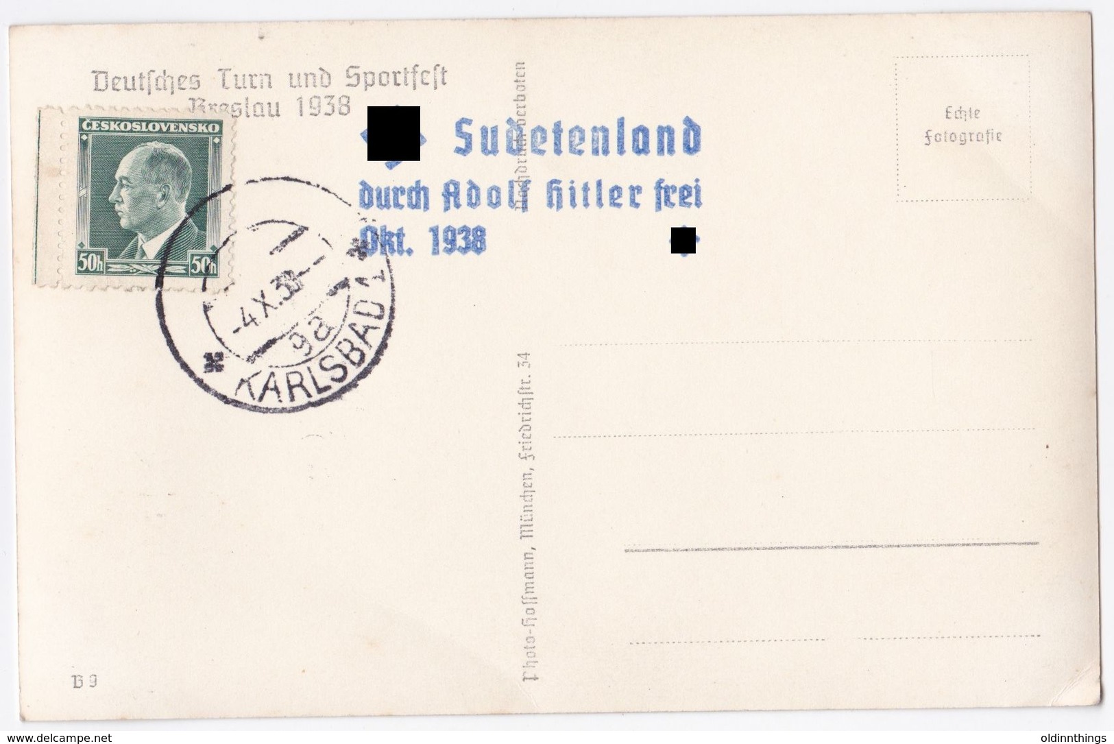 Tag Der Befreiung Sudetenland Frei Karlsbad - Stempel Deutsches Turn U. Sportfest Breslau 4.10.38 - Région Des Sudètes