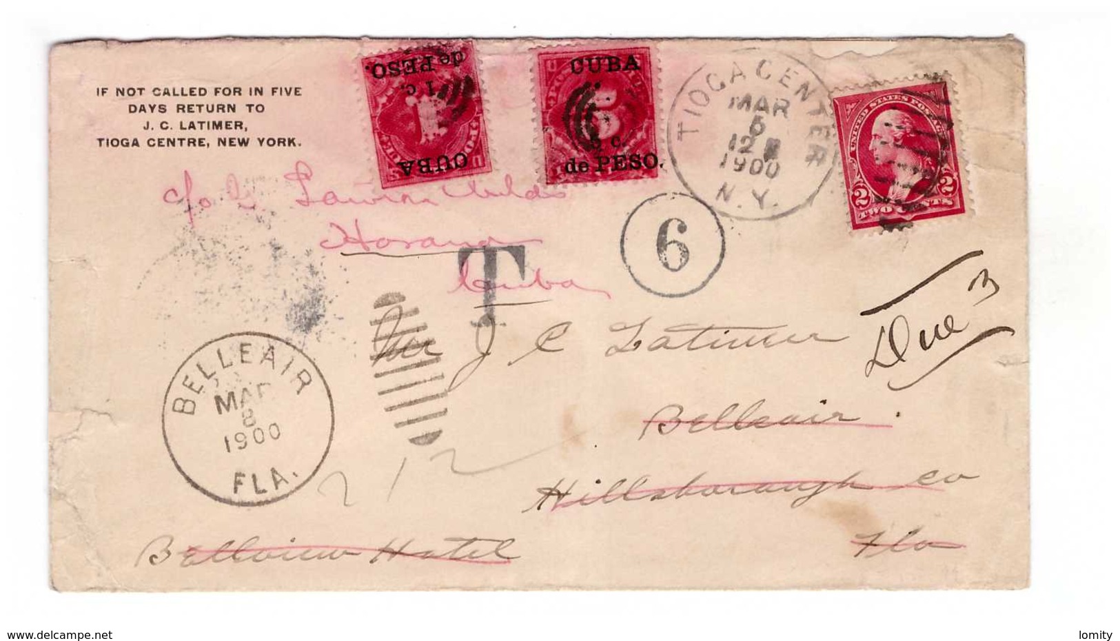 Cuba 1900 Lettre Cover + Timbre Taxe Cachet Belleair Floride Et Tiaga Center NY - Storia Postale