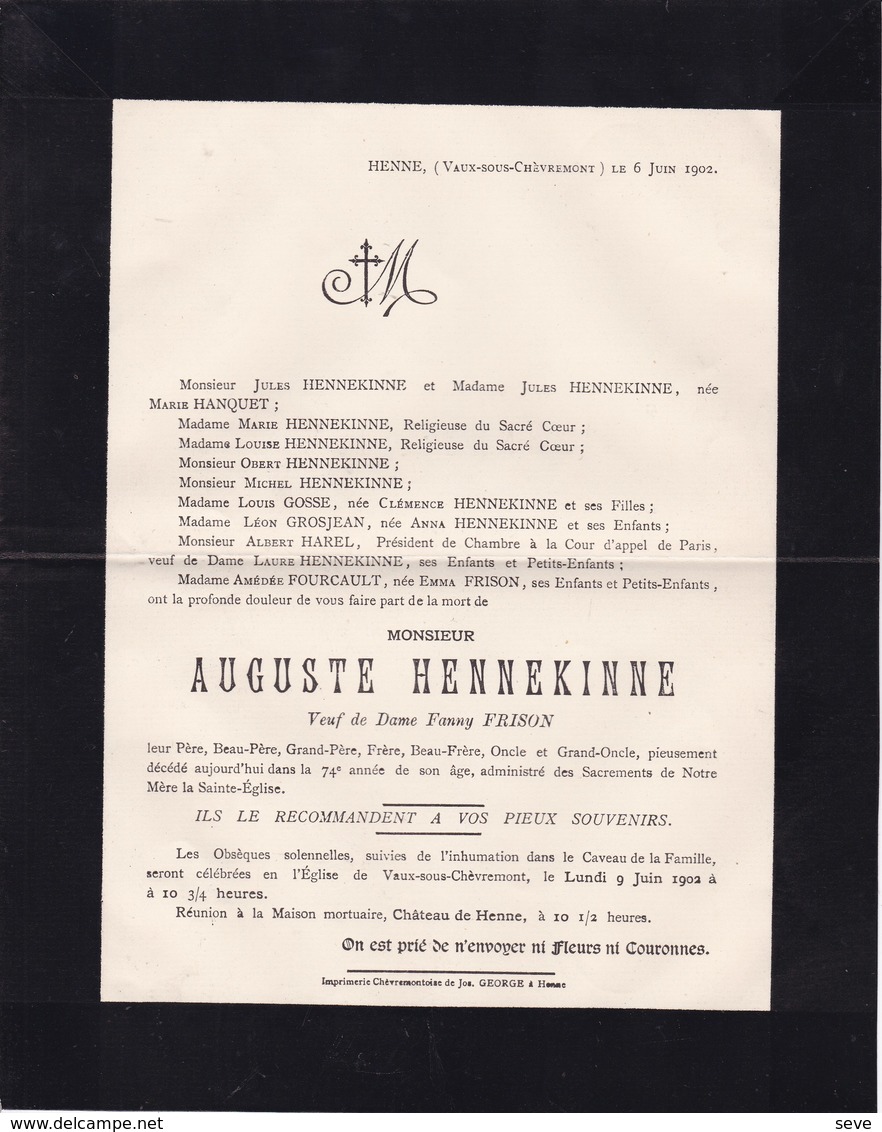 HENNE VAUX-SOUS-CHEVREMONT Auguste HENNEKINNE Veuf FRISON 74 Ans 1902 - Décès