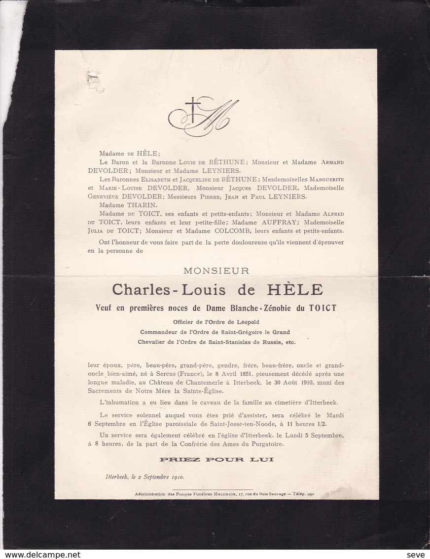SERCUS Château De CHANTEMERLE ITTERBEEK Charles-Louis De HELE Veuf Du TOICT 1851-1910 LEYNIERS De BETHUNE - Décès