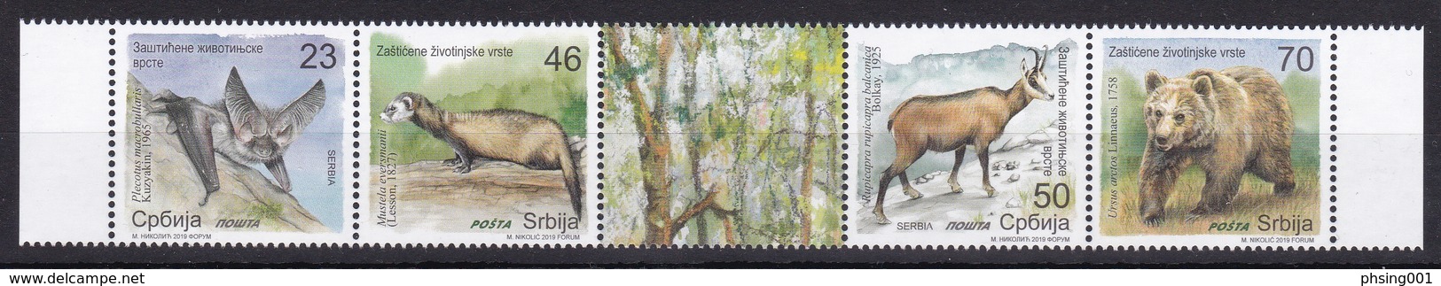 Serbia 2019 Fauna Animals Bats Polecats Chamois Bears Nature Mammals Set In Strip MNH - Serbia