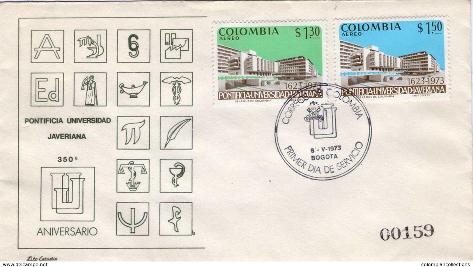 Lote 1267-8F, Colombia, 1973, SPD-FDC, 350 Años De La Universidad Javeriana, University, PI - Colombia