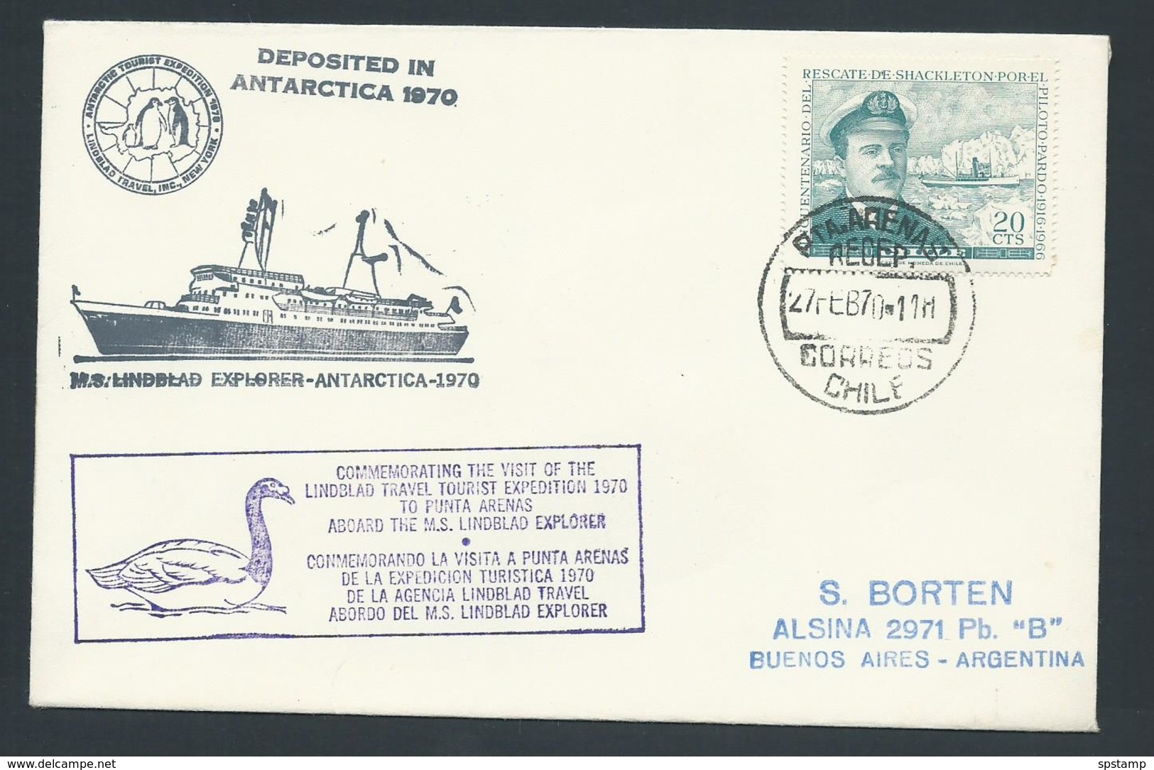 Antarctic 1970 Ship Cover MS Lindblad Using 20c Chile Shackleton Commem. To Argentina - Other & Unclassified