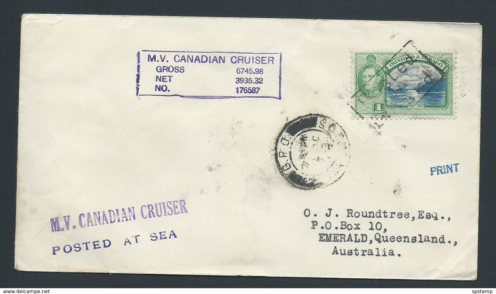 Trinidad & Tobago 1940 's Paquebot Cover To Australia Per MV Canadian Cruiser - Trinidad & Tobago (1962-...)