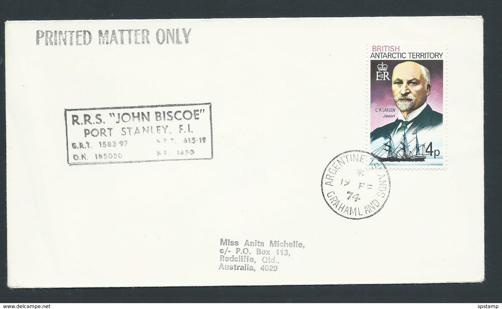 British Antarctic Territory 1974 Cover To Australia 4p Larsen Tied By Graham Land Cds - Covers & Documents