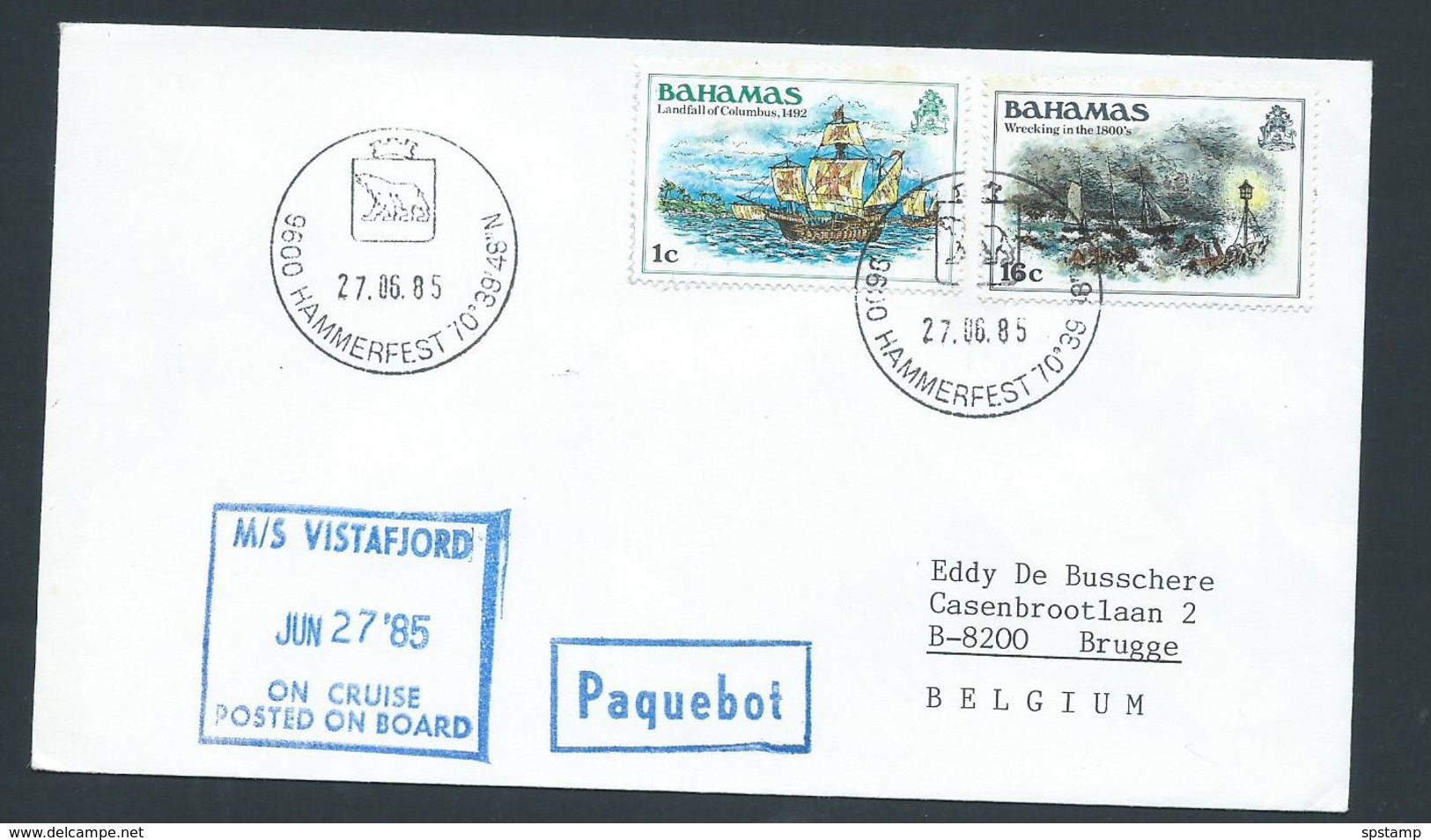 Norway 1985 Paquebot Cover To Belgium Ship Vistafjord Bahamas Adhesives - Covers & Documents