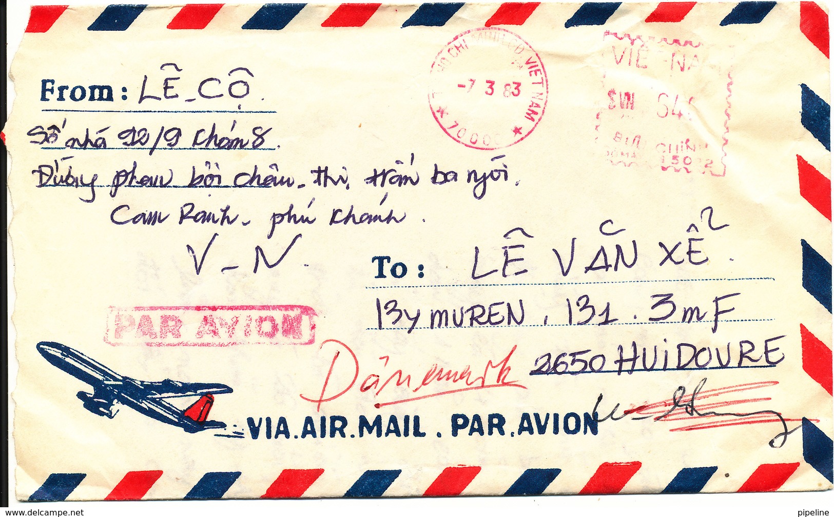 Vietnam Air Mail Cover With Meter Cancel Sent To Denmark 7-3-1983 - Vietnam