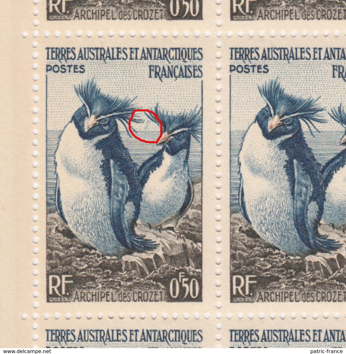 TAAF 1958 0.50 Gorfous Yv2 Feuille Complète Comprenant 1 Variété - Imperforates, Proofs & Errors