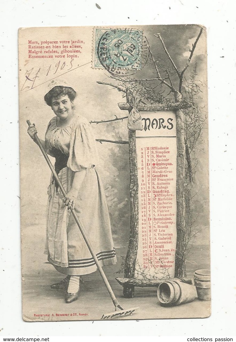 Cp, Jardin ,femme, ,ed. Bergeret , Voyagée 1905 ,LE MOIS DE MARS ,préparez Votre Jardin - Women