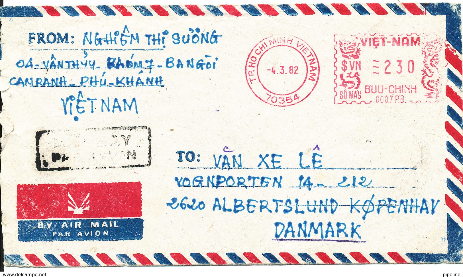 Vietnam Air Mail Cover With Meter Cancel Sent To Denmark 4-3-1982 - Vietnam