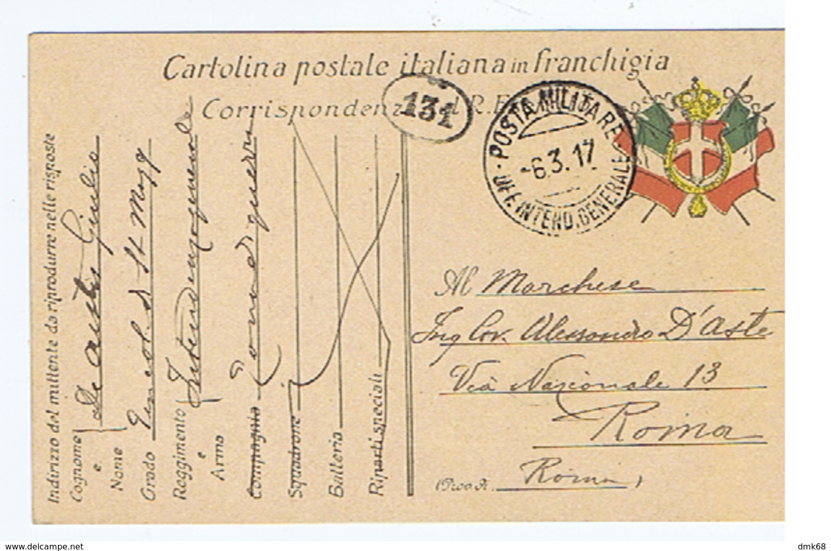 CARTOLINA POSTALE ITALIANA IN FRANCHIGIA - POSTA MILITARE U.. INTEND. GENERALE - 1917 ( 3218 ) - Guerre 1914-18