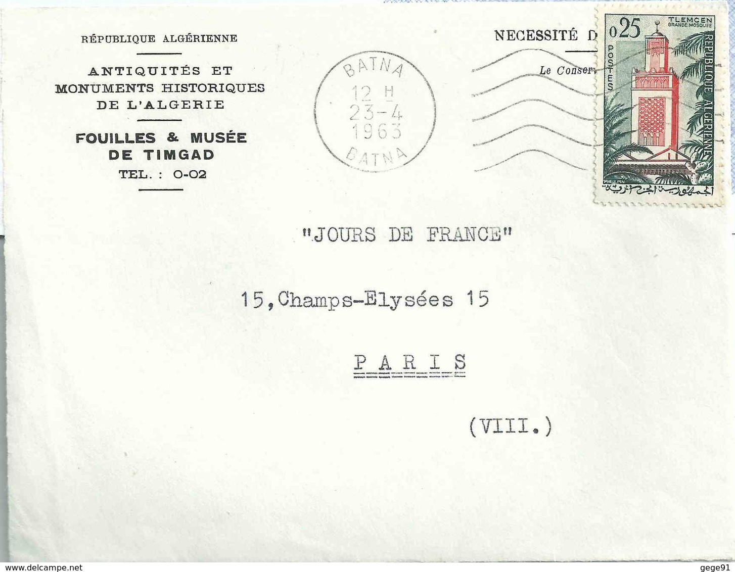 YT 366 = Grande Mosquée De Tlemcem - Lettre De Batna Pour La France - Devant D'enveloppe - Algérie (1962-...)