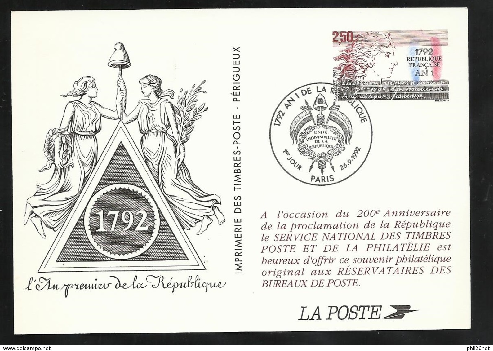 FDC Epreuve De La Poste Premier Jour Paris Le 24/09/1992  N°2771  An I De La République  Cachet Illustré TB - Rivoluzione Francese