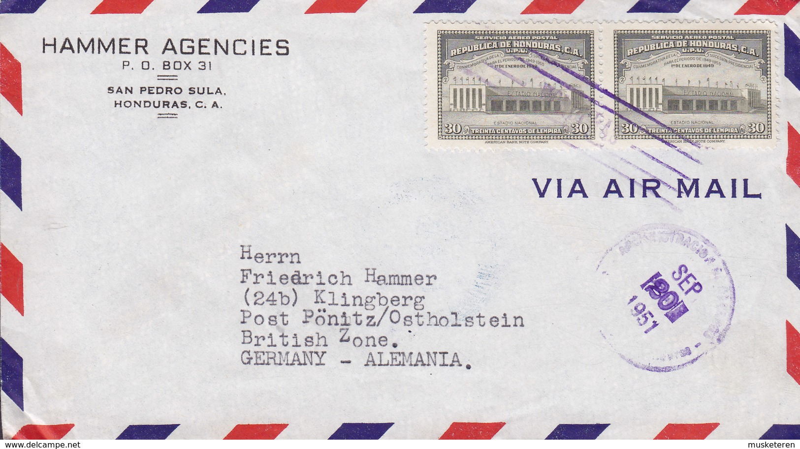 Honduras HAMMER AGENCIES, SAN PEDRO SULA 'Servicio Postal Nocturno 1951 Cover Letra PÖNITZ Ostholstein British Zone - Honduras