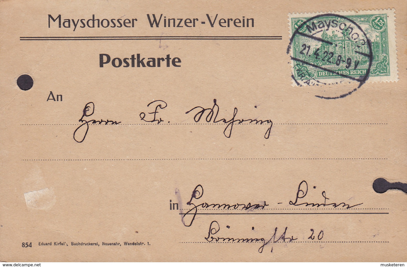 Germany Deutsches Reich MAYSCHOSSER WINZER-VEREIN, MAYSCHOSS 1922 Postkarte 1,25 Mark Reichspostamt Berlin - Briefe U. Dokumente