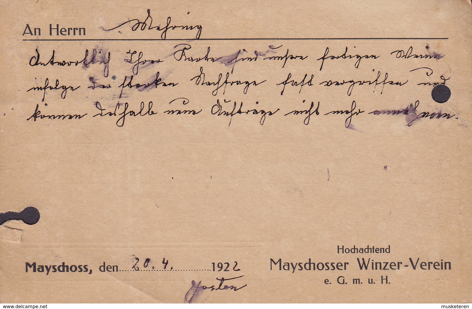 Germany Deutsches Reich MAYSCHOSSER WINZER-VEREIN, MAYSCHOSS 1922 Postkarte 1,25 Mark Reichspostamt Berlin - Briefe U. Dokumente