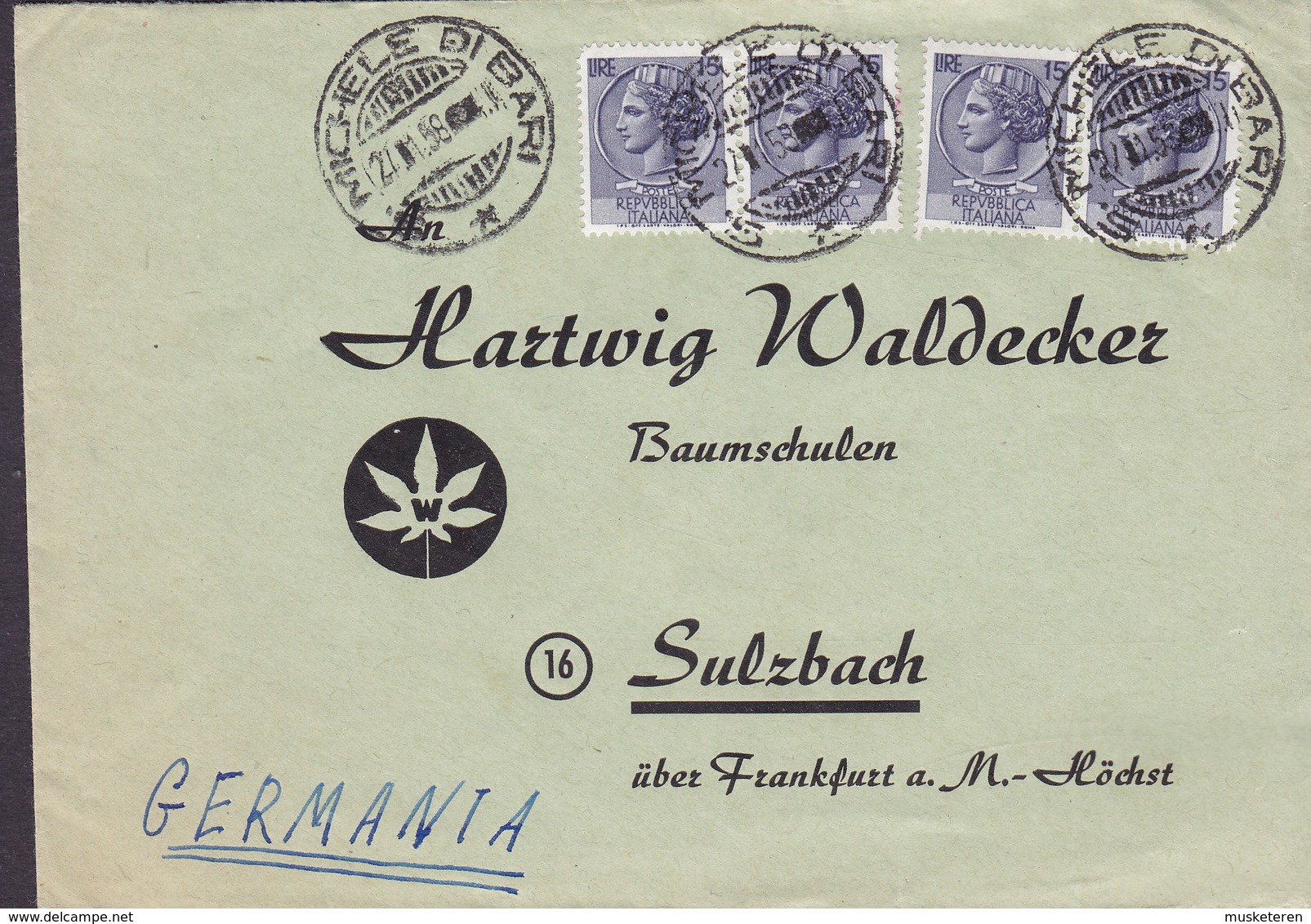 Italy MICHELE DI BARI 1958 Cover Lettera HARTWIG WALDECKER, SULZBACH Frankfurt A. Main 2x Pair Paare Italia - 1946-60: Poststempel