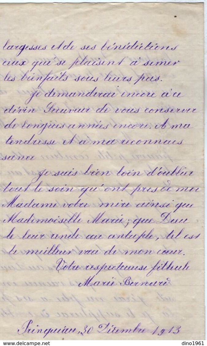 VP14.774 - PRINQUIAU 1913 - Lettre Canivet & Découpis De Melle Marie BERNARD - Manuscrits