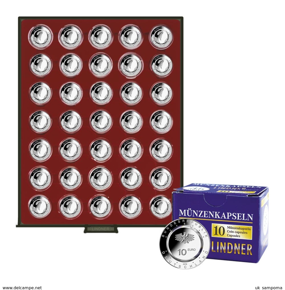 Lindner 2625-10EK Coin Box SMOKED GLASS For 35 Encapsulated German 10 € Collector Coins With Polymer Ring, Incl. 10 Co - Supplies And Equipment