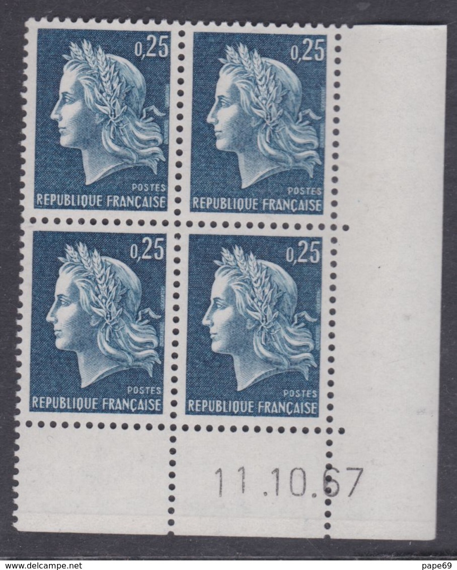 France N° 1535 XX Marianne De Cheffer : 25 C. Bleu En Bloc De 4 Coin Daté Du  11 . 10 . 67, Ss Trait, Sans Charnière, TB - 1960-1969