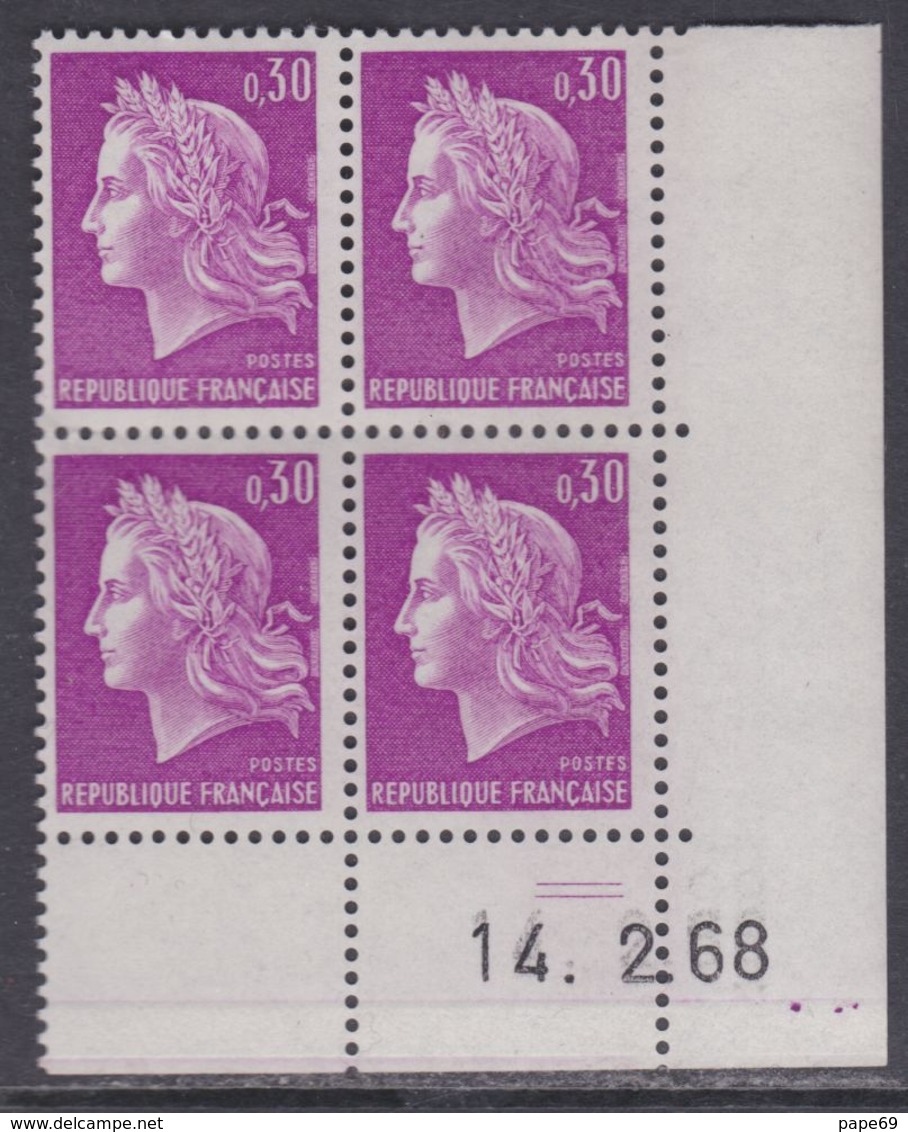 France N° 1536 XX Marianne De Cheffer : 30 C. Lilas En Bloc De 4 Coin Daté Du  14 . 2 . 68, 2 Traits, Sans Charnière, TB - 1960-1969