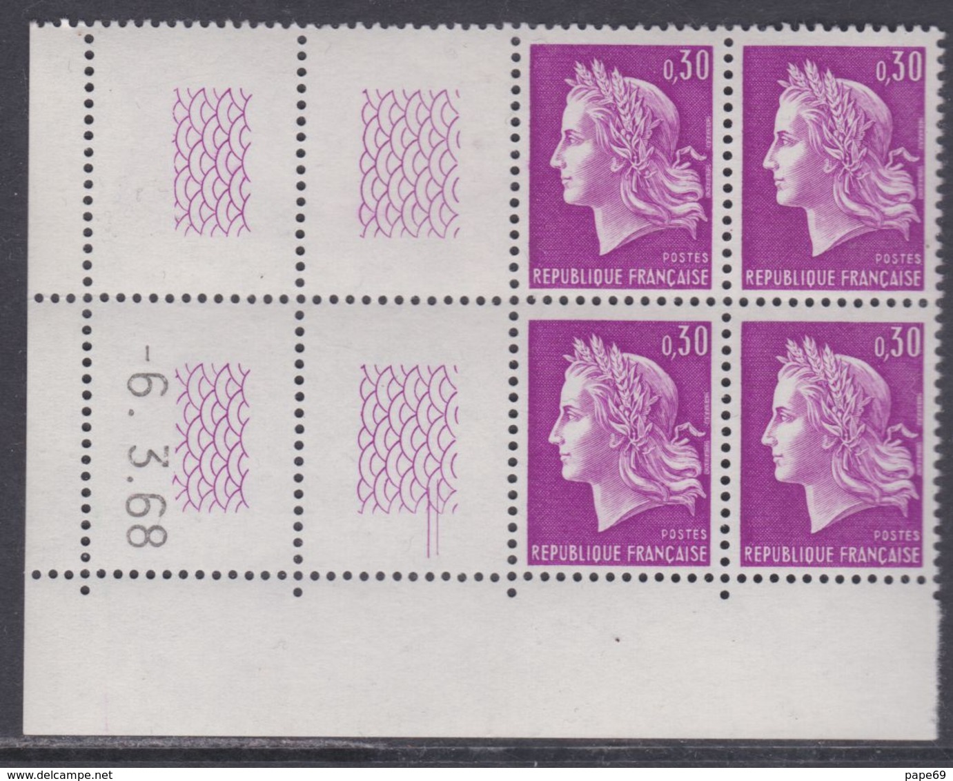 France N° 1536 XX Ma. Cheffer : 30 C. Lilas En Bloc De 4 Coin Daté à Gauche Du 6 . 3 . 68, 2 Traits, Sans Charnière, TB - 1960-1969