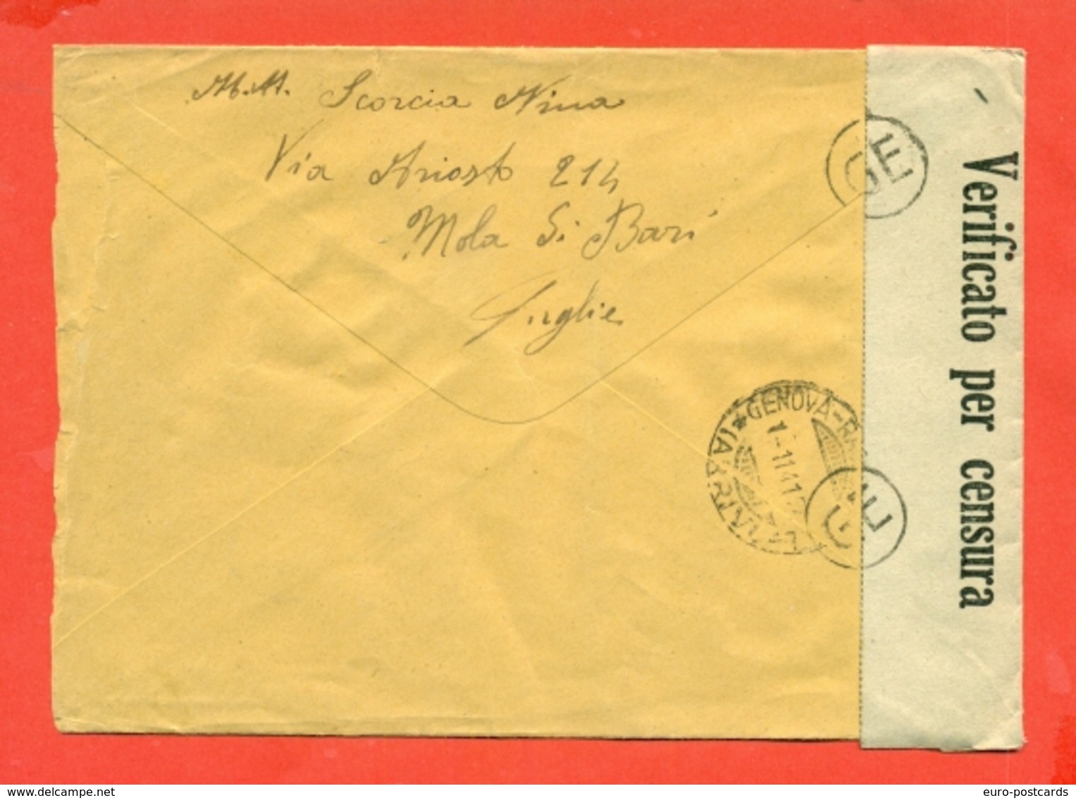 FRATELLANZA ITALO TEDESCA -0,50 +0,50+1,25 LIRE-LETTERA RACCOMANDATA  DA MOLA DI BARI PER GENOVA-30/10/1941 - Storia Postale