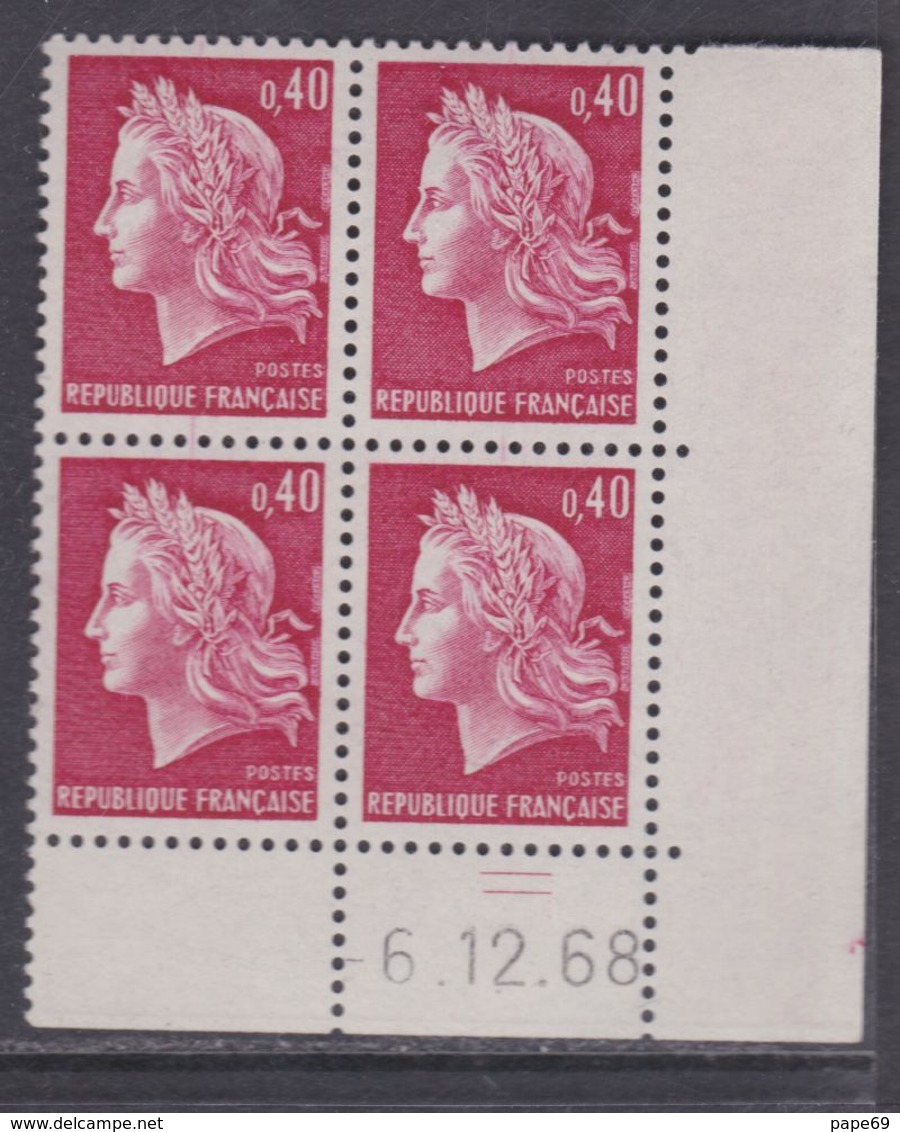 France N° 1536B XX Ma. Cheffer : 40 C. Rouge Ca. En Bloc De 4 Coin Daté Du  6 . 12 . 68,  2 Traits, Sans Charnière, TB - 1960-1969