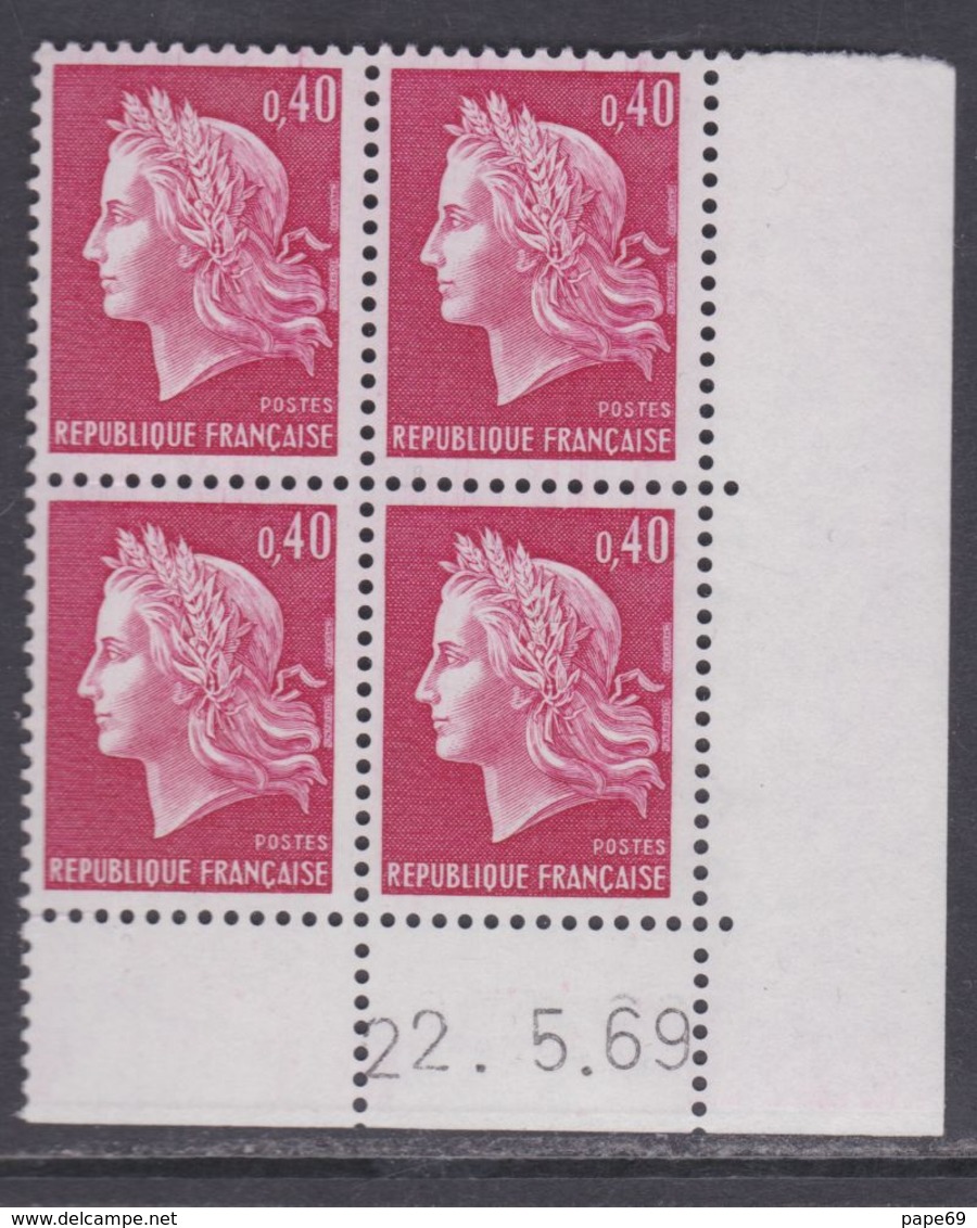 France N° 1536B XX Ma. Cheffer : 40 C. Rouge Ca. En Bloc De 4 Coin Daté Du  22 . 5 . 69, Sans Trait, Sans Charnière, TB - 1960-1969