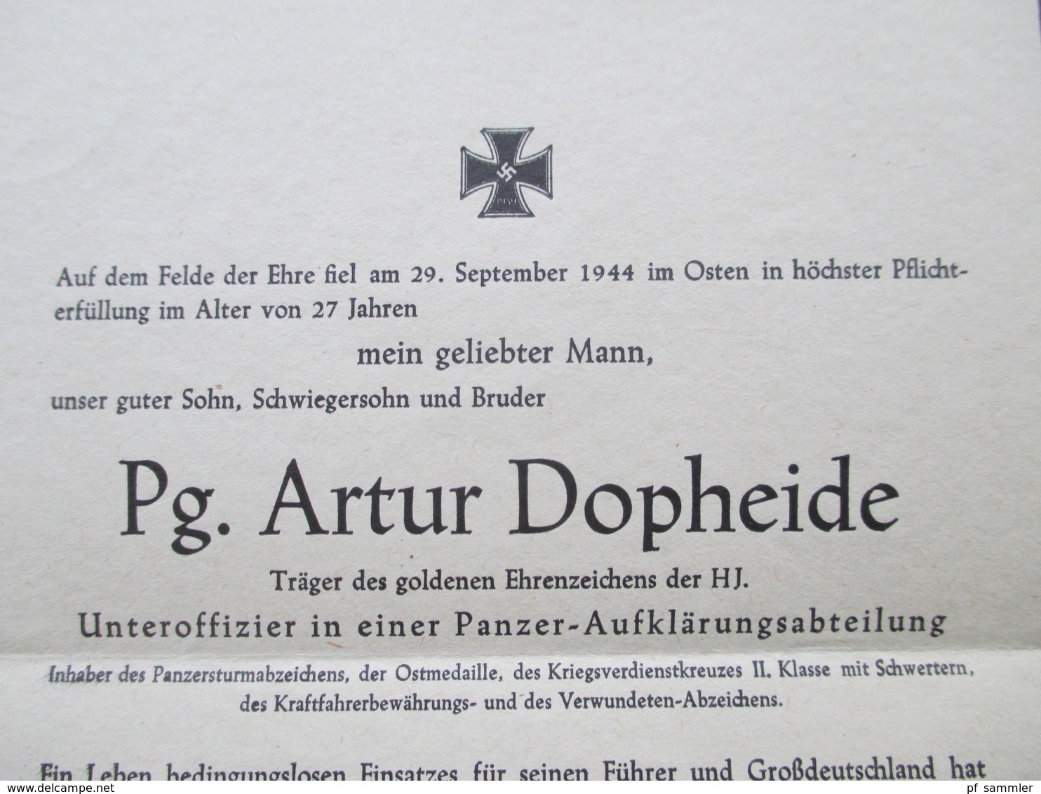 DR 1944 Trauerbrief / Todesanzeige Panzergrenadier Träger Des Goldenen Ehrenzeichens Der HJ Unteroffizier Ostmedaille - Briefe U. Dokumente