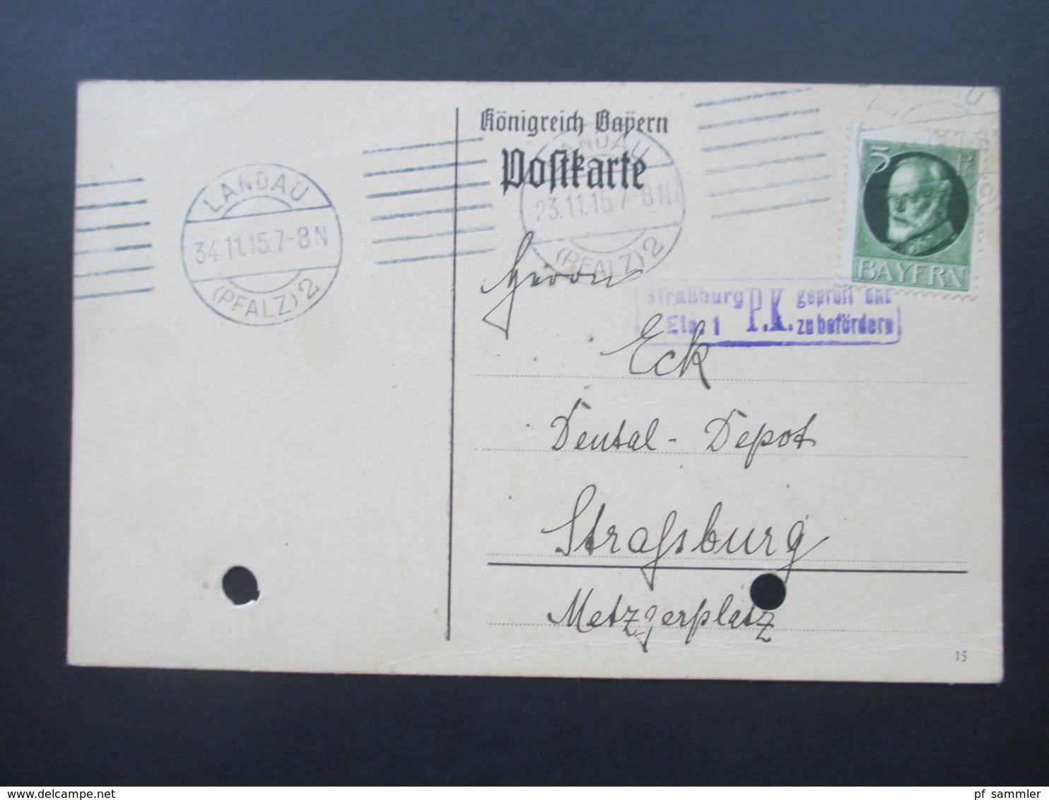 AD Bayern / DR 1915 5 PK / GA nach Strassburg mit Zensurstempel Straßburg Els. 1 P.K. geprüft und zu befördern