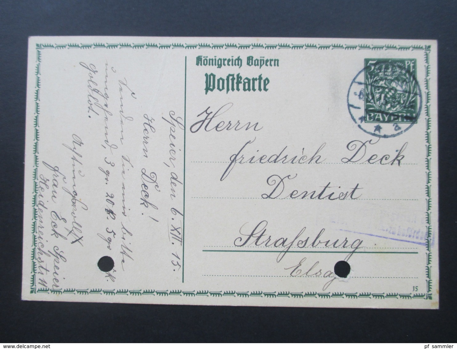 AD Bayern / DR 1915 5 PK / GA nach Strassburg mit Zensurstempel Straßburg Els. 1 P.K. geprüft und zu befördern