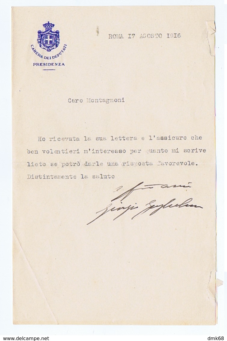 GIORGIO GUGLIELMI ( CIVITAVECCHIA ) SENATORE - PRESIDENTE POLISPORTIVA SS LAZIO -  LETTERA AUTOGRAFA / AUTOGRAPH - 1916 - Other & Unclassified