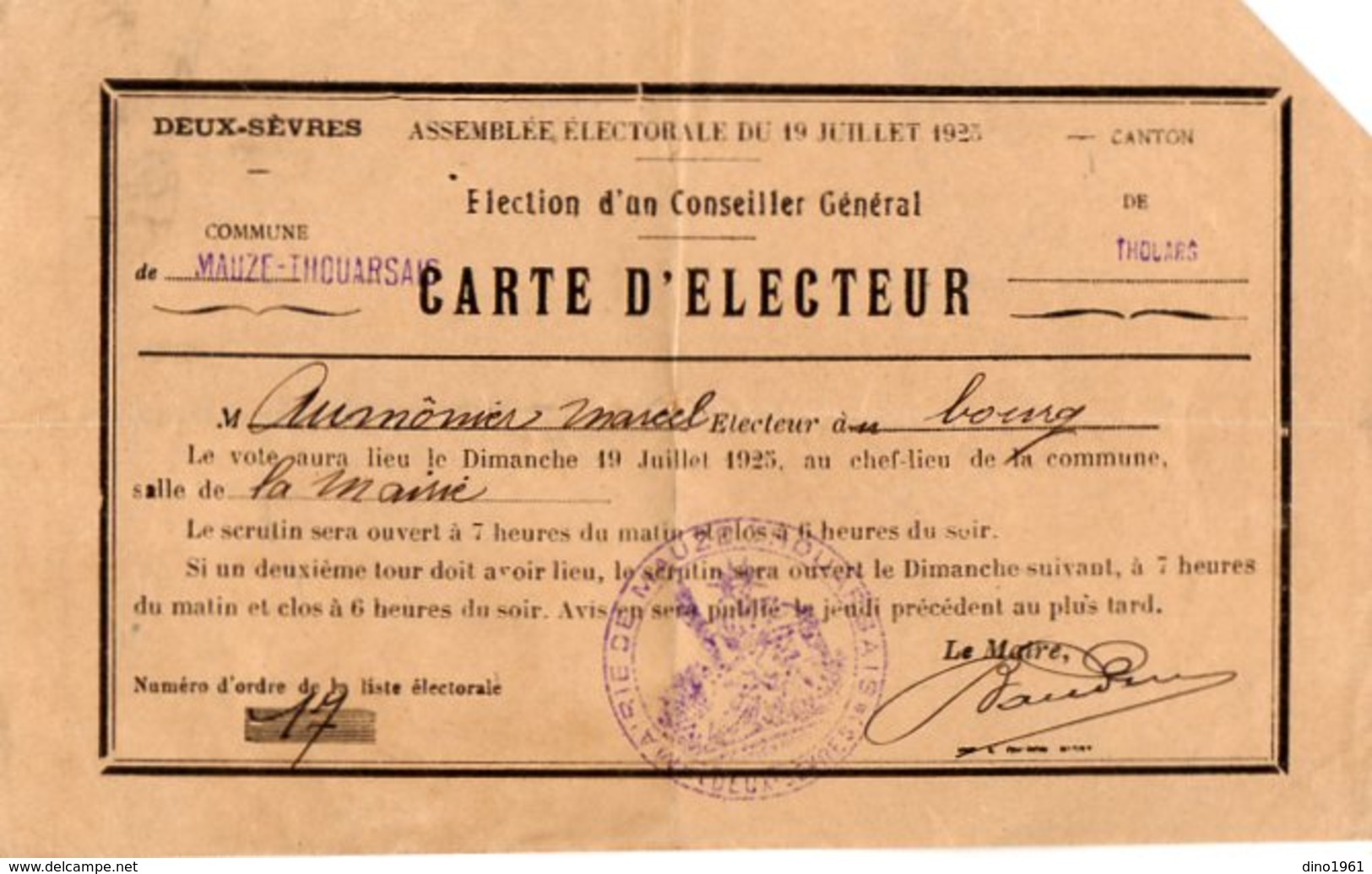 VP14.779 - Commune De THOUARSAIS 1925 - Carte D'Electeur De Mr AUMONIER Marcel - Andere & Zonder Classificatie