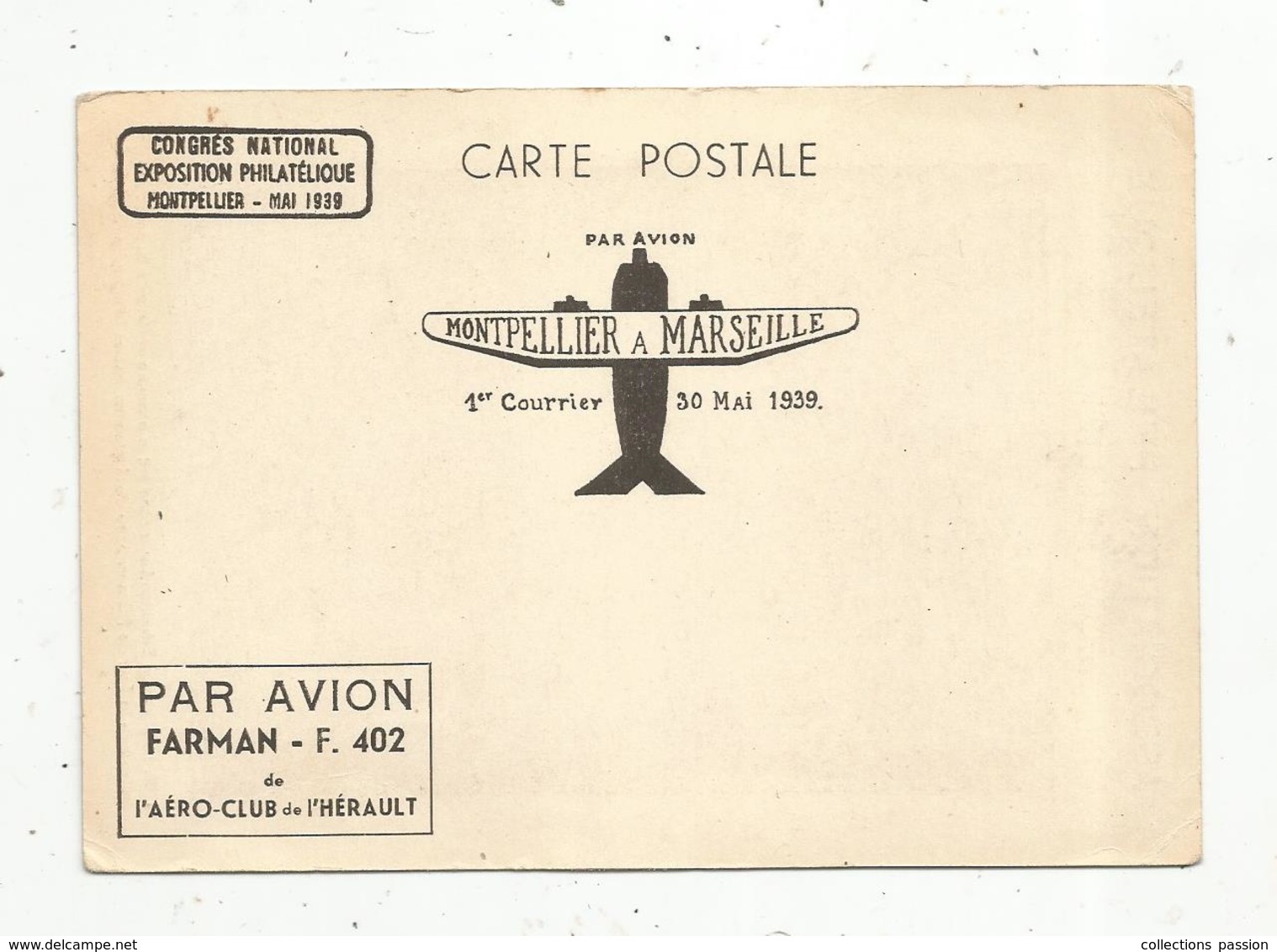 Cp, Par Avion FAIRMAN - F. 402, De L'aéro Club De L'Hérault , MONTPELLIER à PARIS ,1 Er Courrier ,30 Mai 1939 - 1939-1945: 2a Guerra