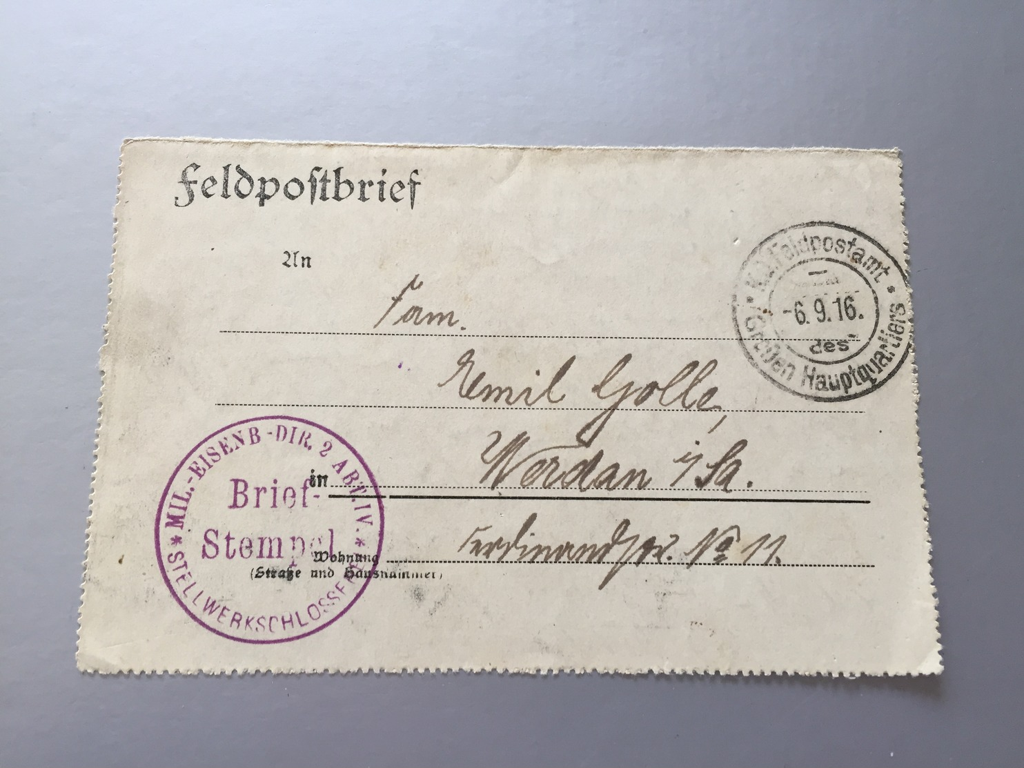 Feldpost 1.WK 1916 MIL.-EISENB.-DIR. 2 ABT. IV  STELLWERKSCHLOSSEREI - Briefe U. Dokumente