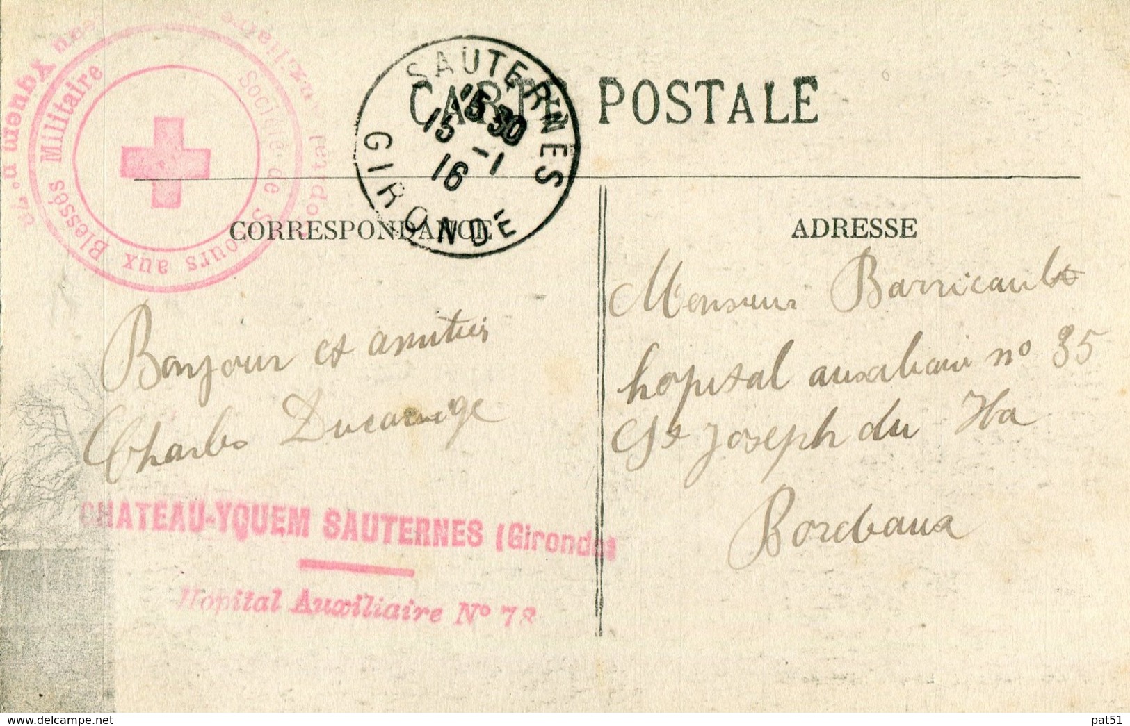 33 - Sauternes : Château D' Yquem + Cachet " Hôpital Auxiliaire N°78 - Secours Aux Blessés Militaires " - Other & Unclassified