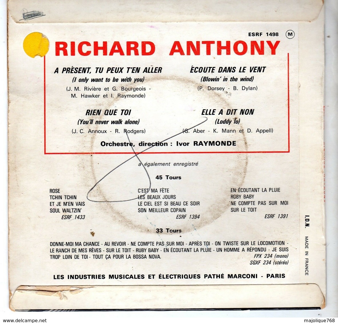 Disque De Richard Anthony - A Présent, Tu Peux T'en Aller - Columbia 1498 - 1964 - Autres - Musique Française