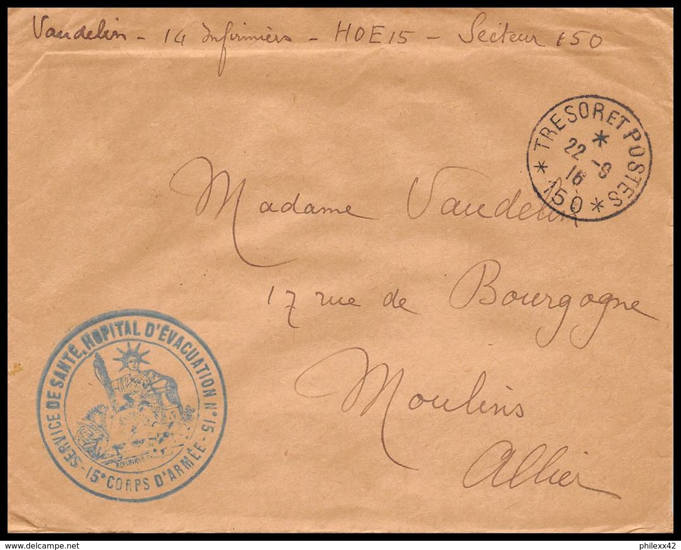 53081 Secteur 150 Hopital D'evacuation 15 15éme Corps 1916 HOE Sante Guerre 1914/1918 War Lettre Cover - Guerre De 1914-18