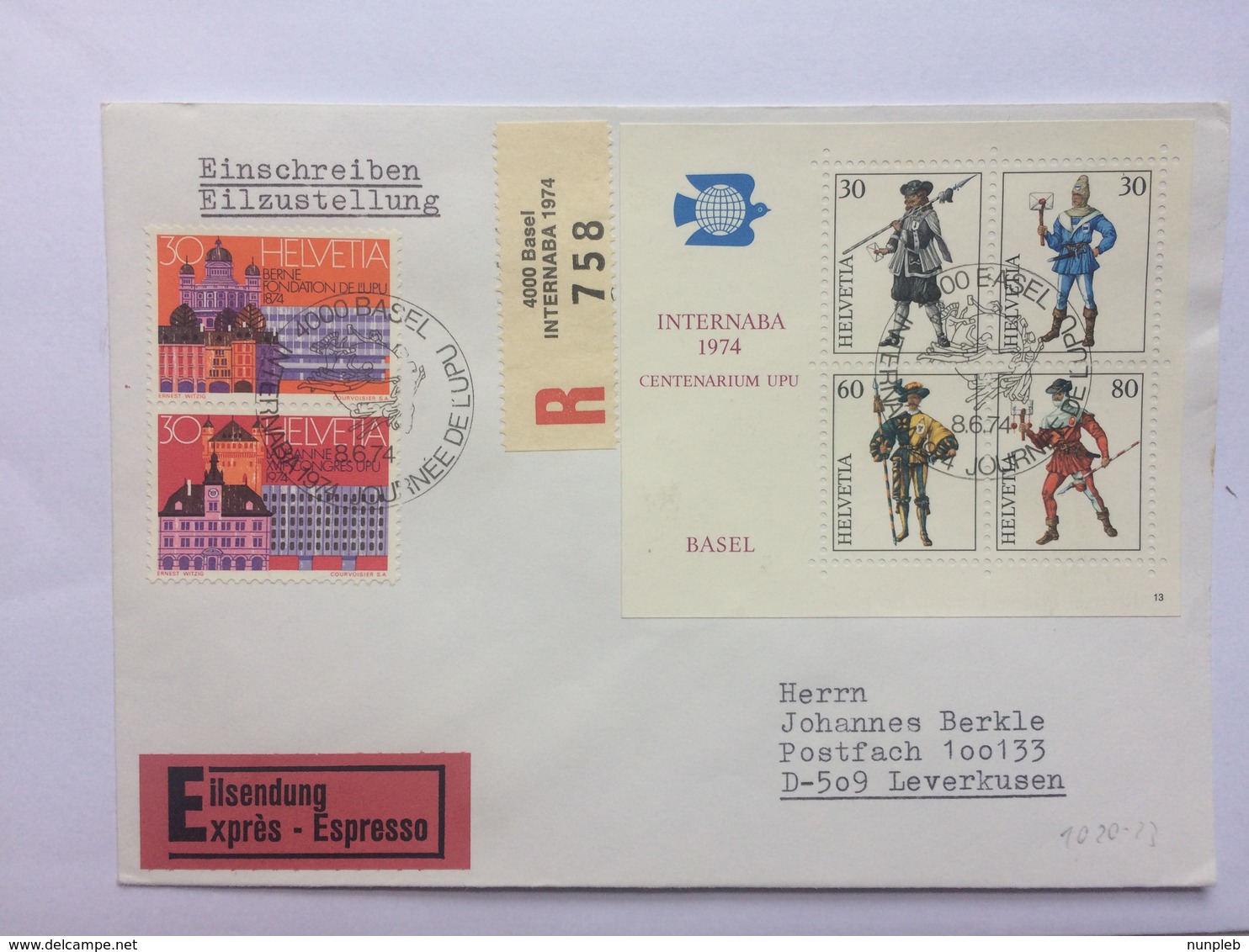 SWITZERLAND 1974 Internaba Centenarium UPU Basel Minisheet FDC Express Registered Basel To Leverkusen - Covers & Documents