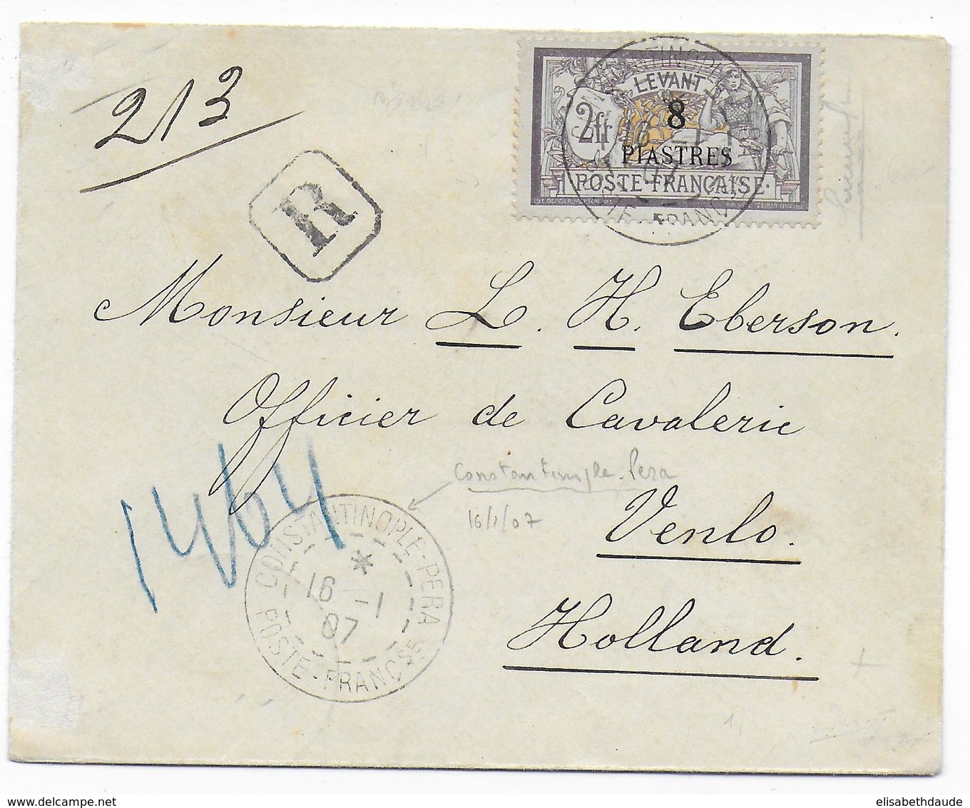 1907 - TURQUIE / LEVANT - MERSON SEUL Sur ENVELOPPE RECOMMANDEE De CONSTANTINOPLE => VENLO (HOLLANDE) - Brieven En Documenten